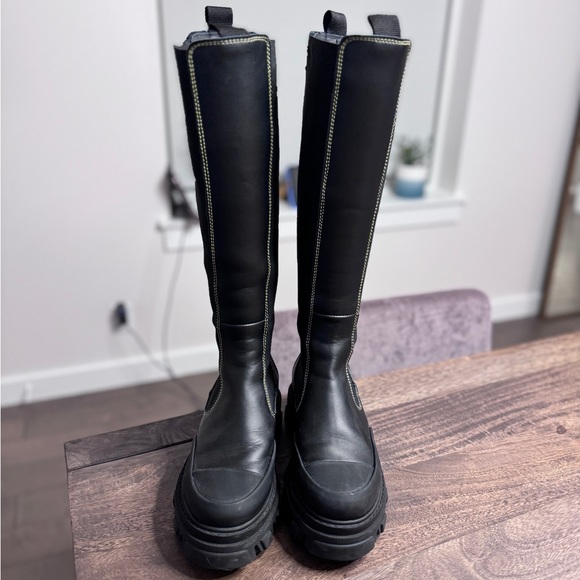 Ganni black leather yellow stitch knee high chelsea boot size 6 - Picture 10 of 13